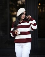 بافت راه راه یقه دار زرشکی 4013 - تصویر 3